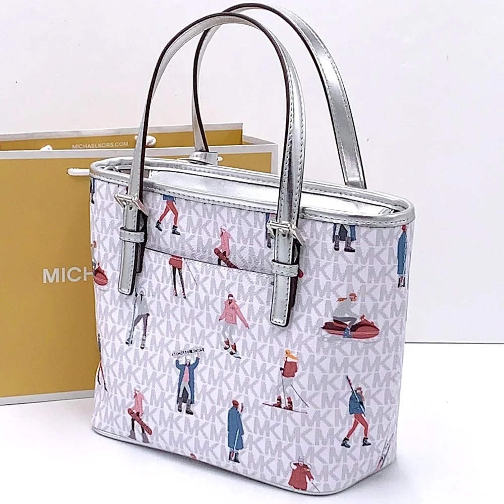 Michael Kors Jet Set Girls Print White Signature XS Carryall Top Zip Tote - Picture 2 of 15